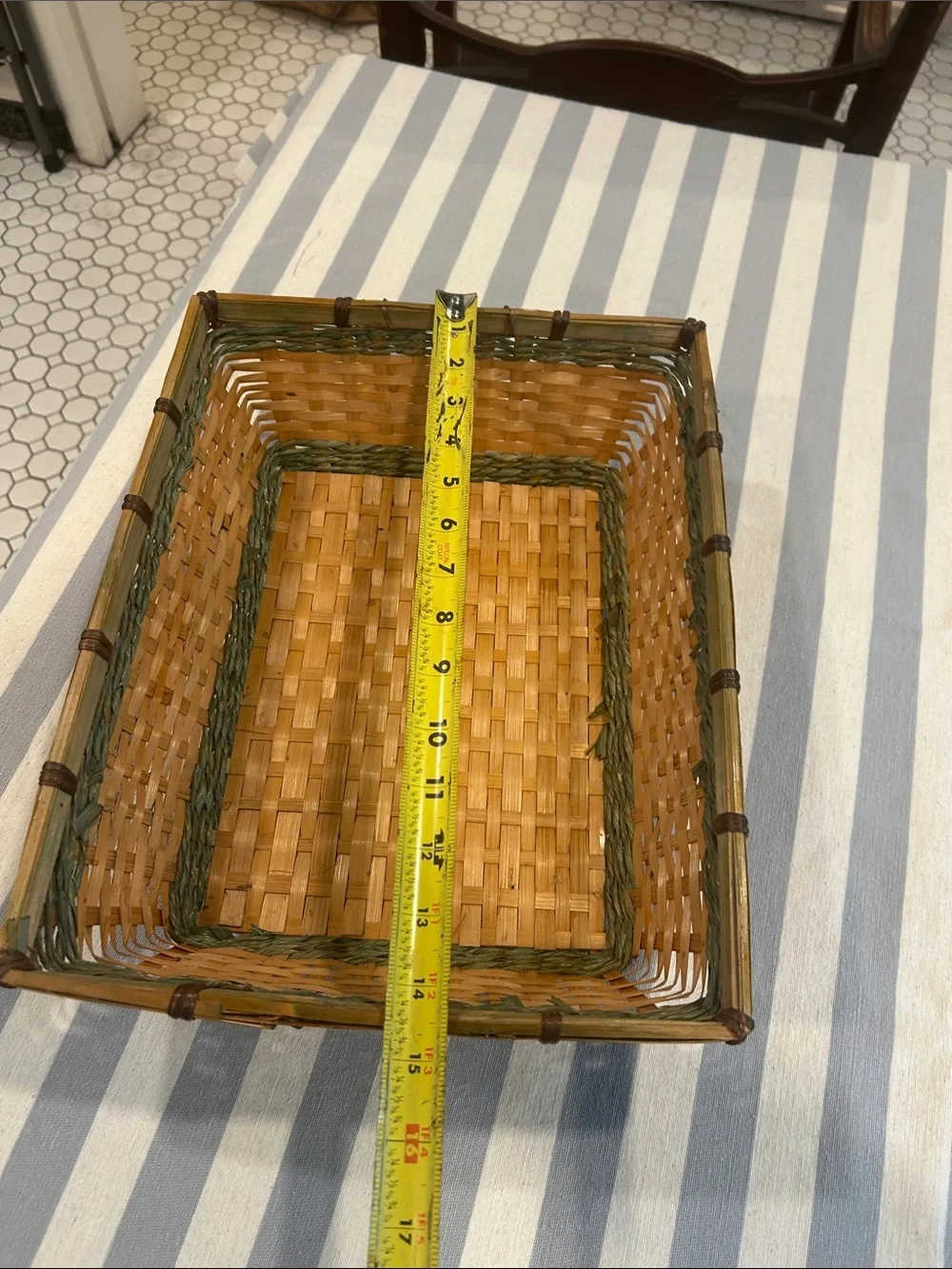 Handwoven Rectangular Bamboo Basket in Natural and Green